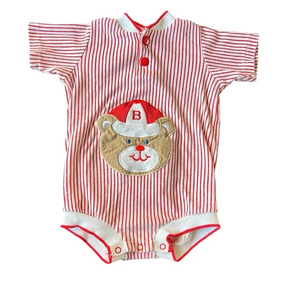 Pride N Joy Other - Vintage Pride N Joy Striped Bear Baseball Red White Baby Onesie Size 18 Months
